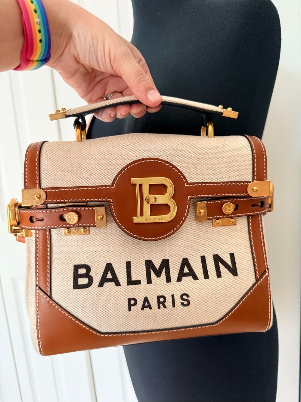 Balmain B-Buzz Cream Canvas and Tan Leather Logo Satchel - Picture 2 of 15